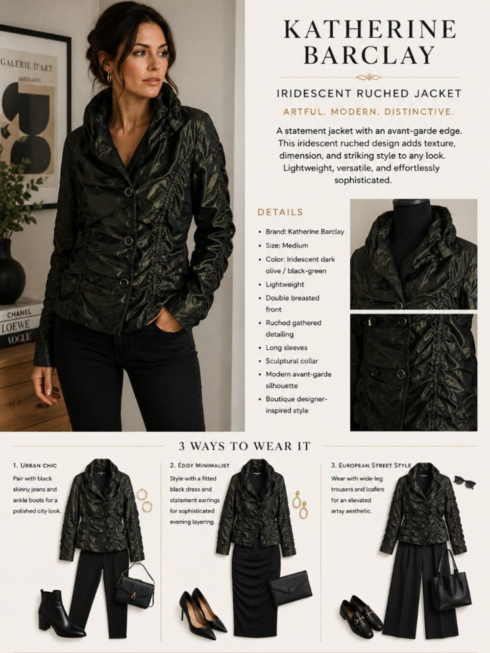 Katherine Barclay Jacket Iridescent Ruched Green Double Breasted SZM Lightweight